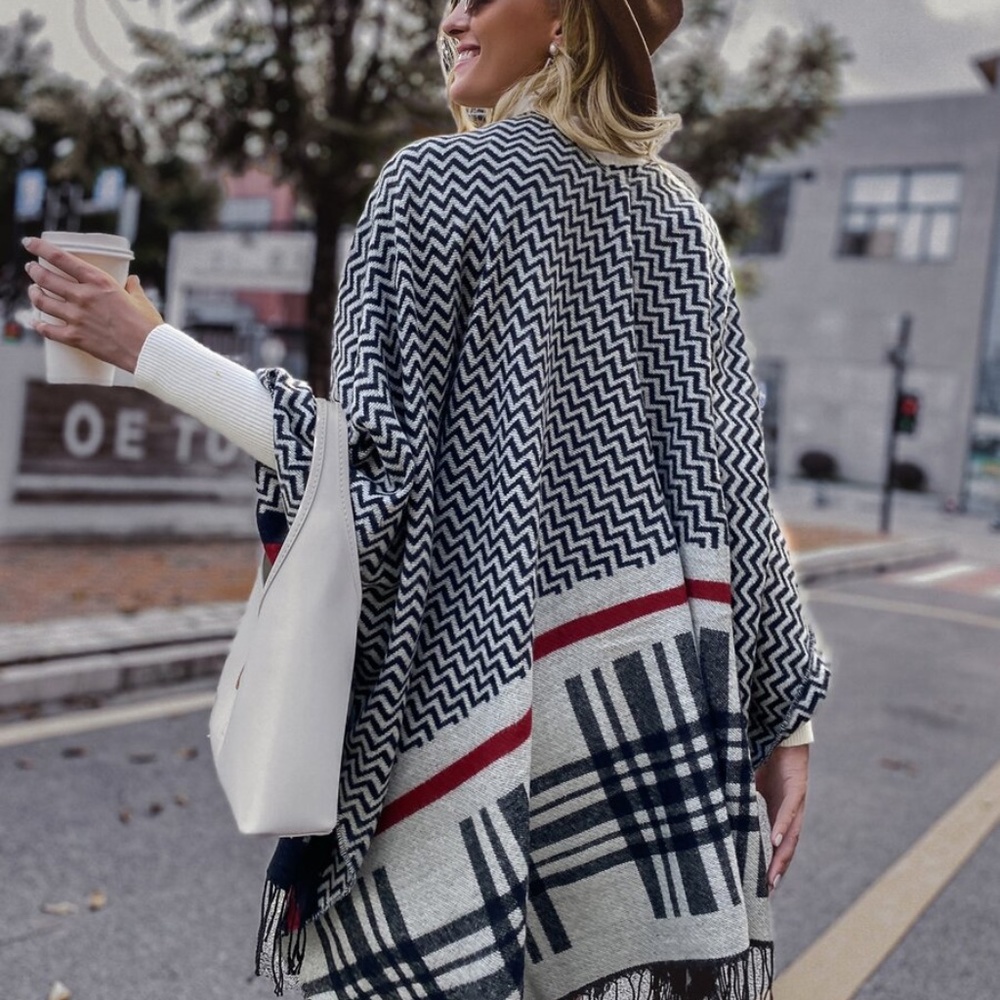 plaid print tassel hem poncho cardigan wrap - Picture 5 of 6